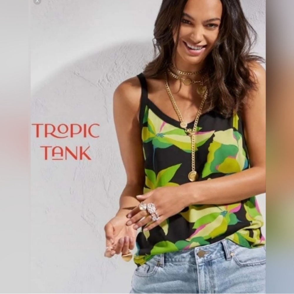 CAbi Black Tropical Tank with Green and Yellow Leaf Print